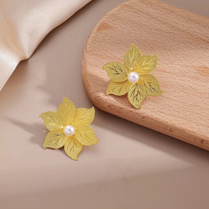 Aretes de flor grandes con centro de perla-C0 Aretes de flor grandes con centro de perla