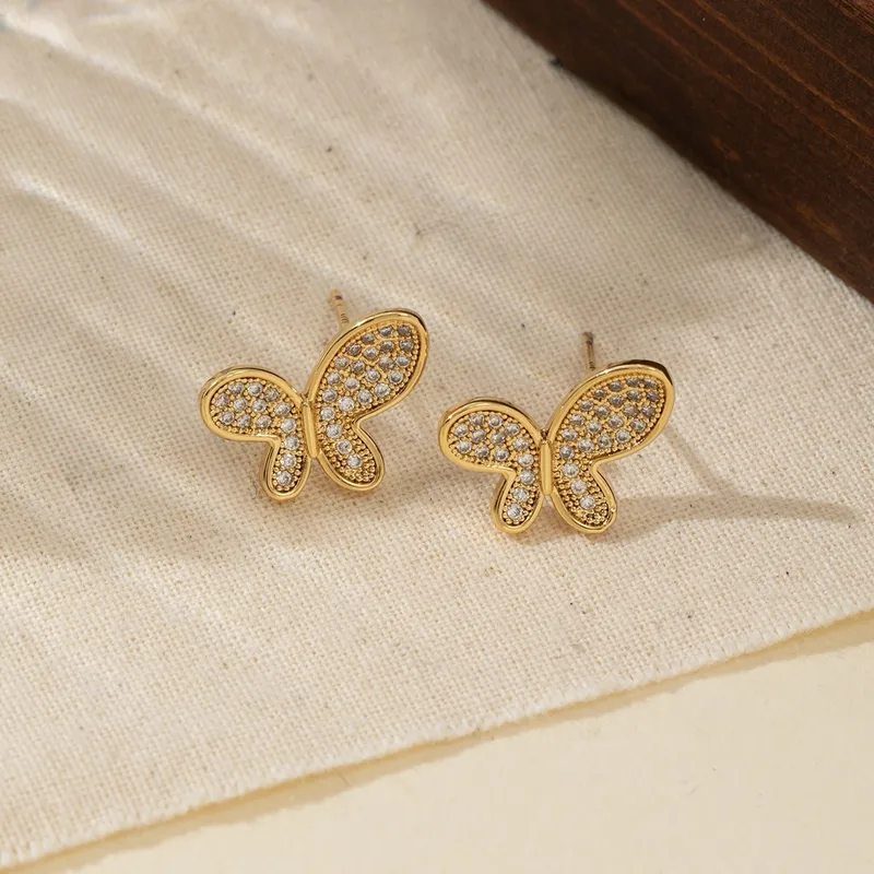 Aretes de mariposa color oro con circonitas-Acero inoxidable 316L-C0 Aretes de mariposa color oro circonitas