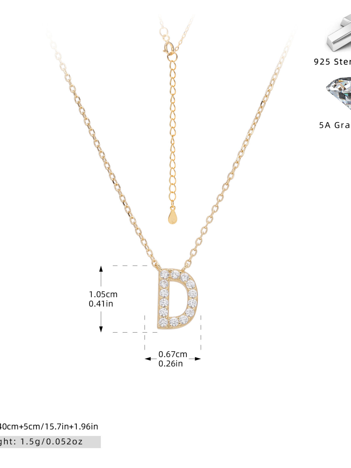 Cadena con dije de inicial D chapado en oro de 18K-Plata 925-C40 Cadena con dije de inicial D chapado en oro de 18K