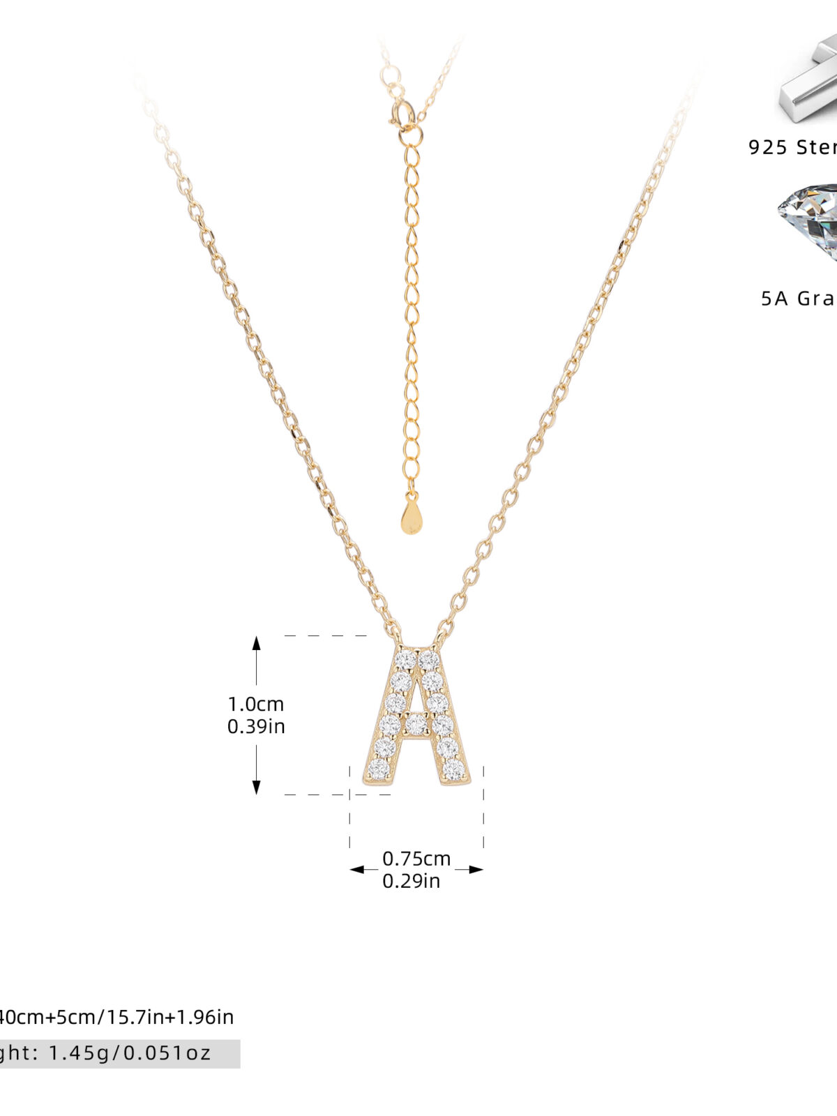Cadena de inicial A chapado en oro de 18K-Plata 925-C40 Cadena con dije de inicial A chapado en oro de 18K
