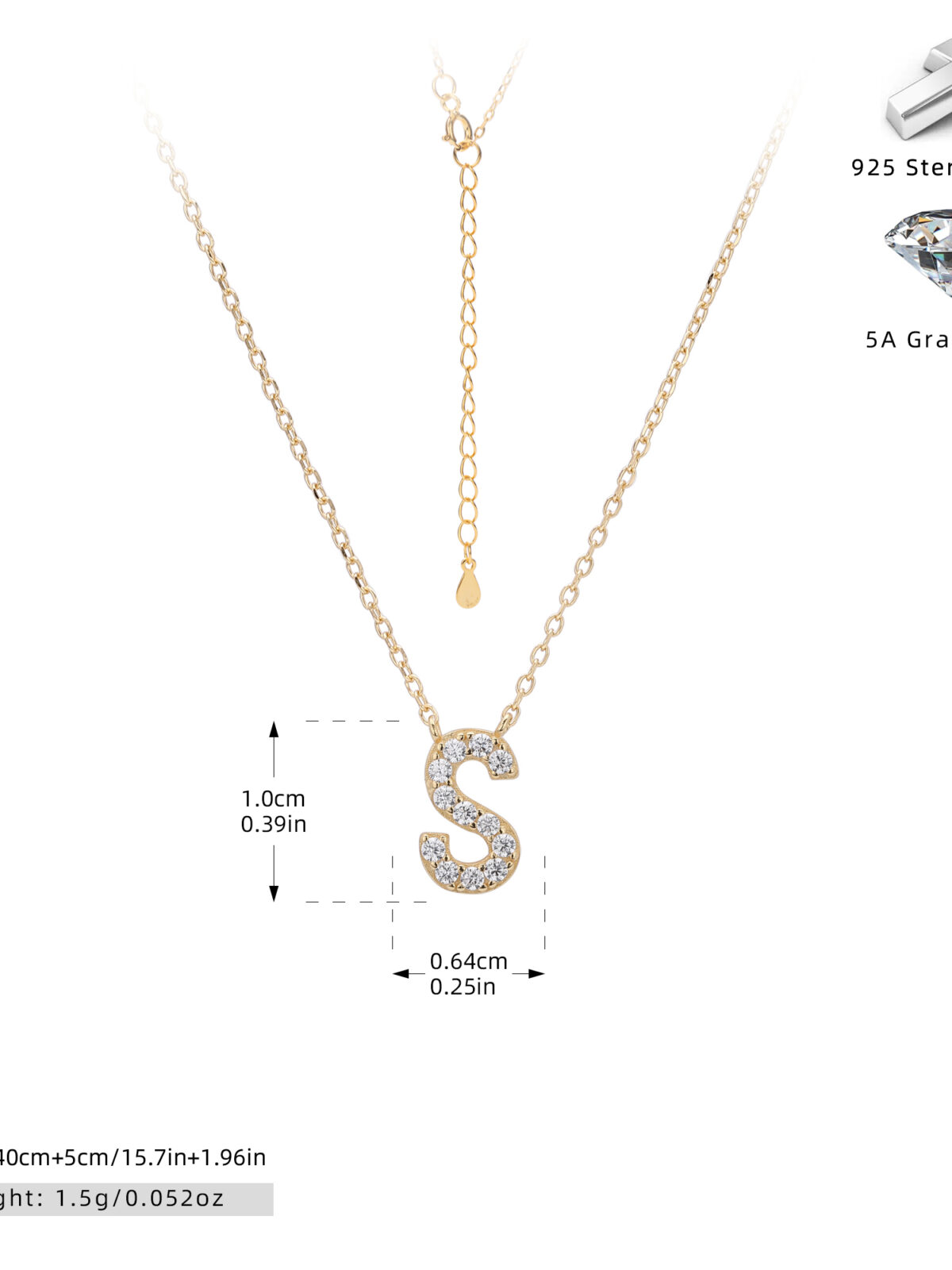 Cadena con dije de inicial S chapado en oro de 18K