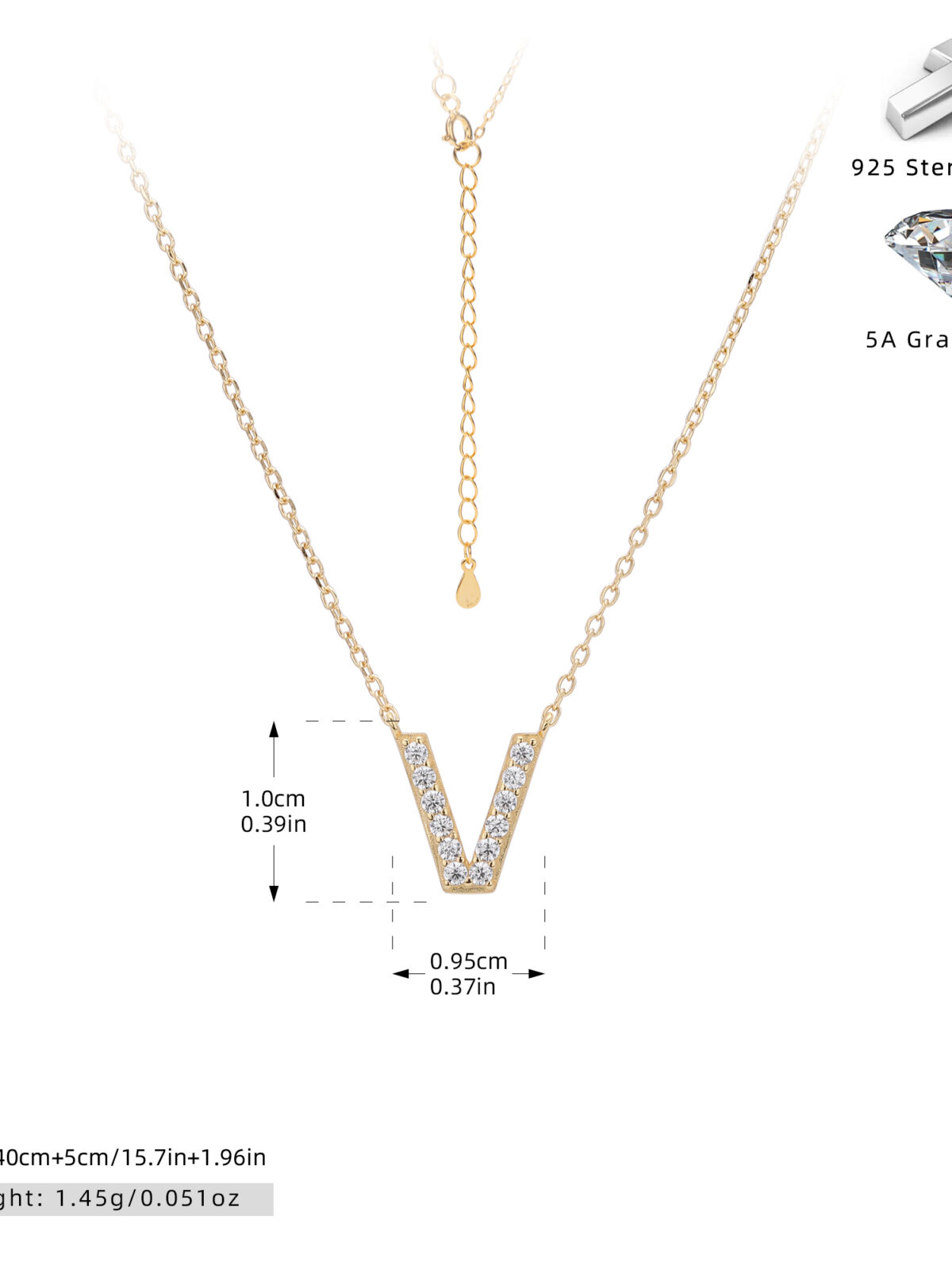 Cadena con dije de inicial V chapado en oro de 18K