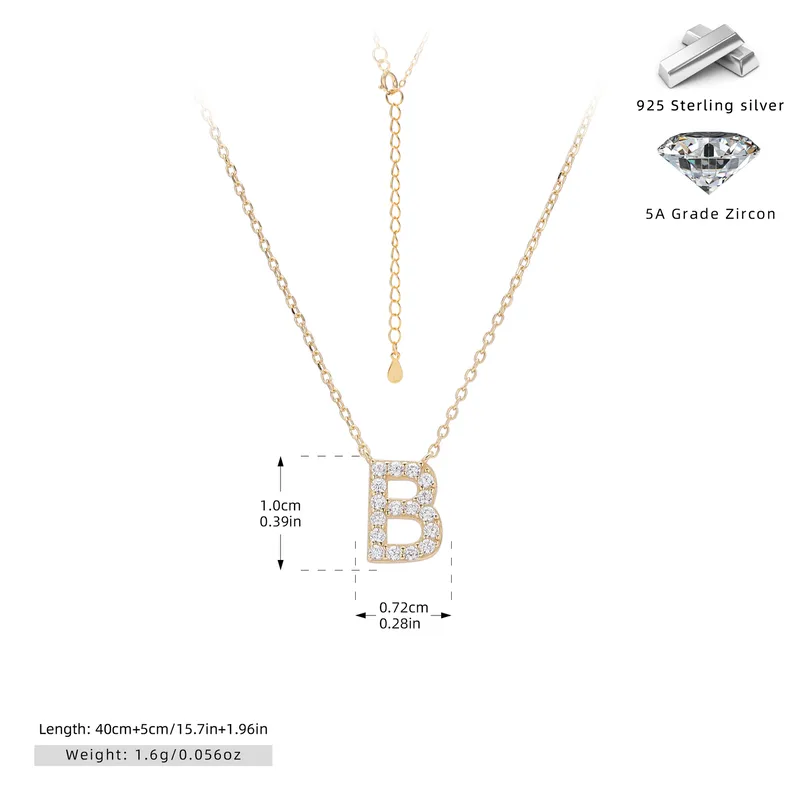 Cadena de inicial letra B chapado en oro de 18K-Plata 925-C40 Cadena con dije de inicial B chapado en oro de 18K