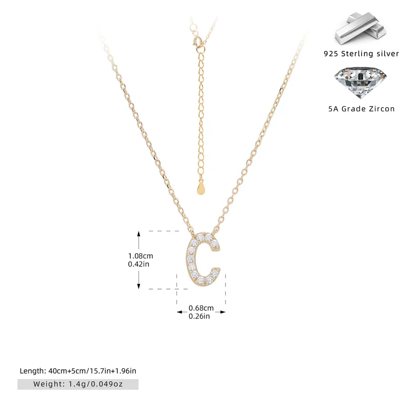 Cadena de inicial letra C chapado en oro de 18K-Plata 925-C40 Cadena con dije de inicial C chapado en oro de 18K