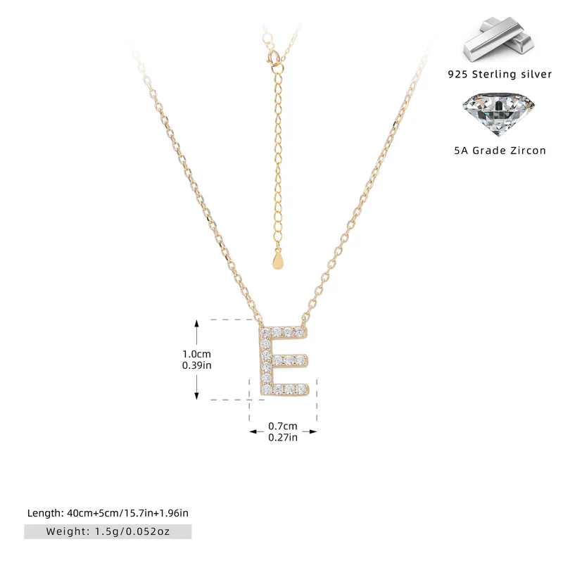 Cadena de inicial letra E chapado en oro de 18K-Plata 925-C40 Cadena con dije de inicial E chapado en oro de 18K