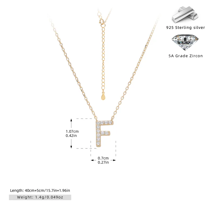 Cadena de inicial letra F chapado en oro de 18K-Plata 925-C40 Cadena con dije de inicial F chapado en oro de 18K