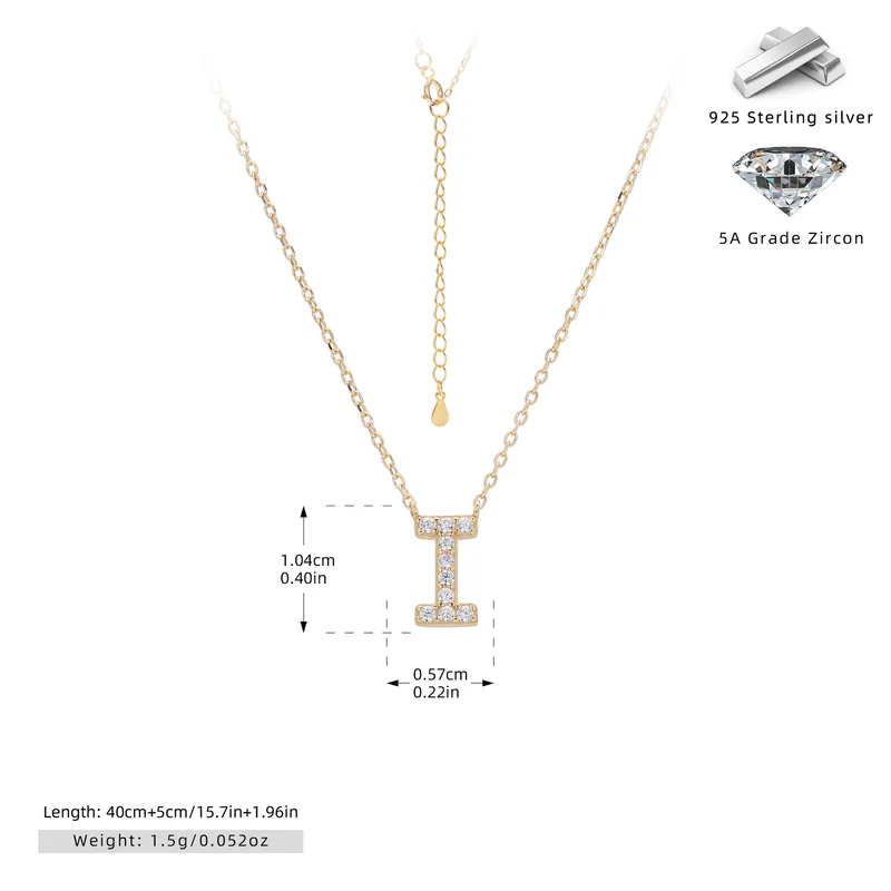 Cadena de inicial letra I chapado en oro de 18K-Plata 925-C40 Cadena con dije de inicial I chapado en oro de 18K