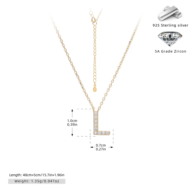 Cadena de inicial letra L chapado en oro de 18K-Plata 925-C40 Cadena con dije de inicial L chapado en oro de 18K