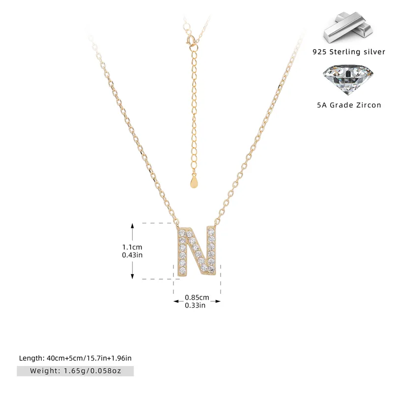Cadena de inicial letra N chapado en oro de 18K-Plata 925-C40 Cadena con dije de inicial N chapado en oro de 18K