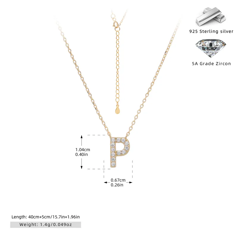 Cadena de inicial letra P chapado en oro de 18K-Plata 925-C40 Cadena con dije de inicial P chapado en oro de 18K