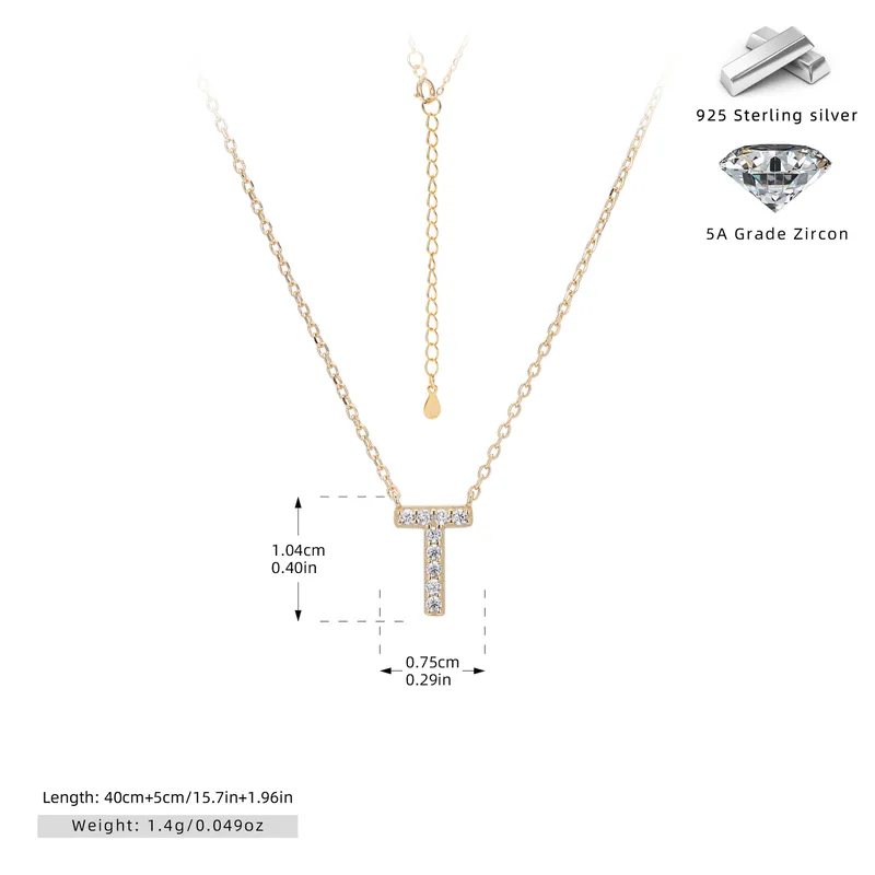 Cadena con dije de inicial T chapado en oro de 18K