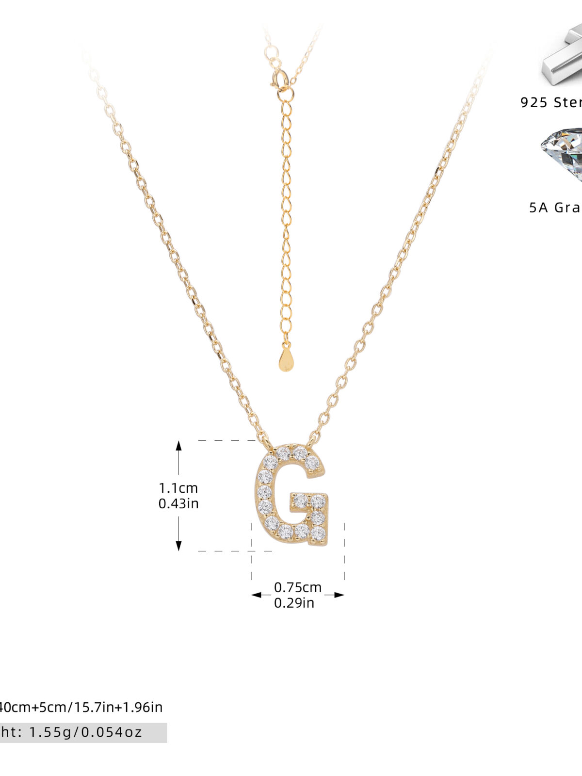 Cadena inicial G chapado en oro de 18K-Plata 925-C90 Cadena con dije de inicial G chapado en oro de 18K
