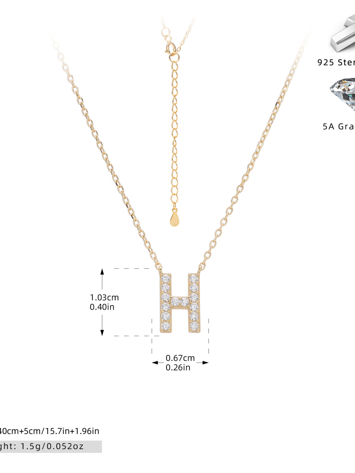Cadena inicial H chapado en oro de 18K-Plata 925-C40 Cadena con dije de inicial H chapado en oro de 18K