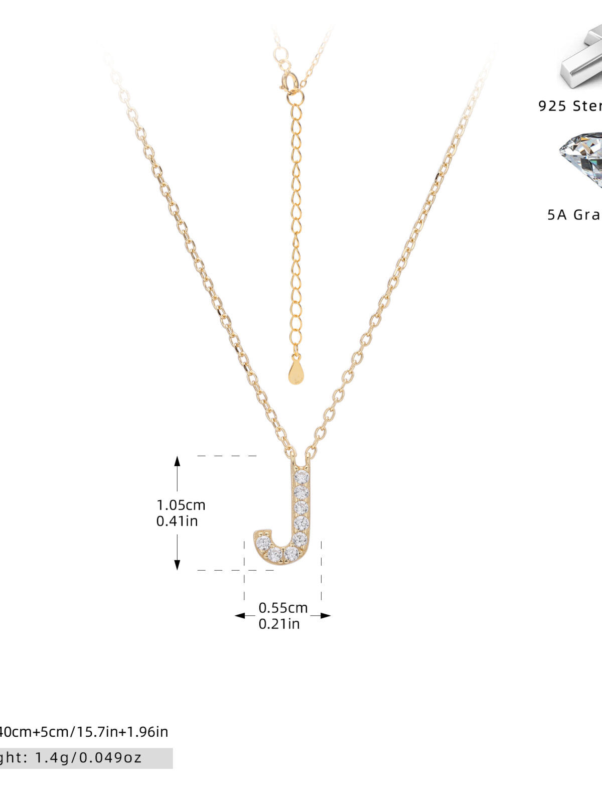 Cadena inicial J chapado en oro de 18K-Plata 925-C30 Cadena con dije de inicial J chapado en oro de 18K