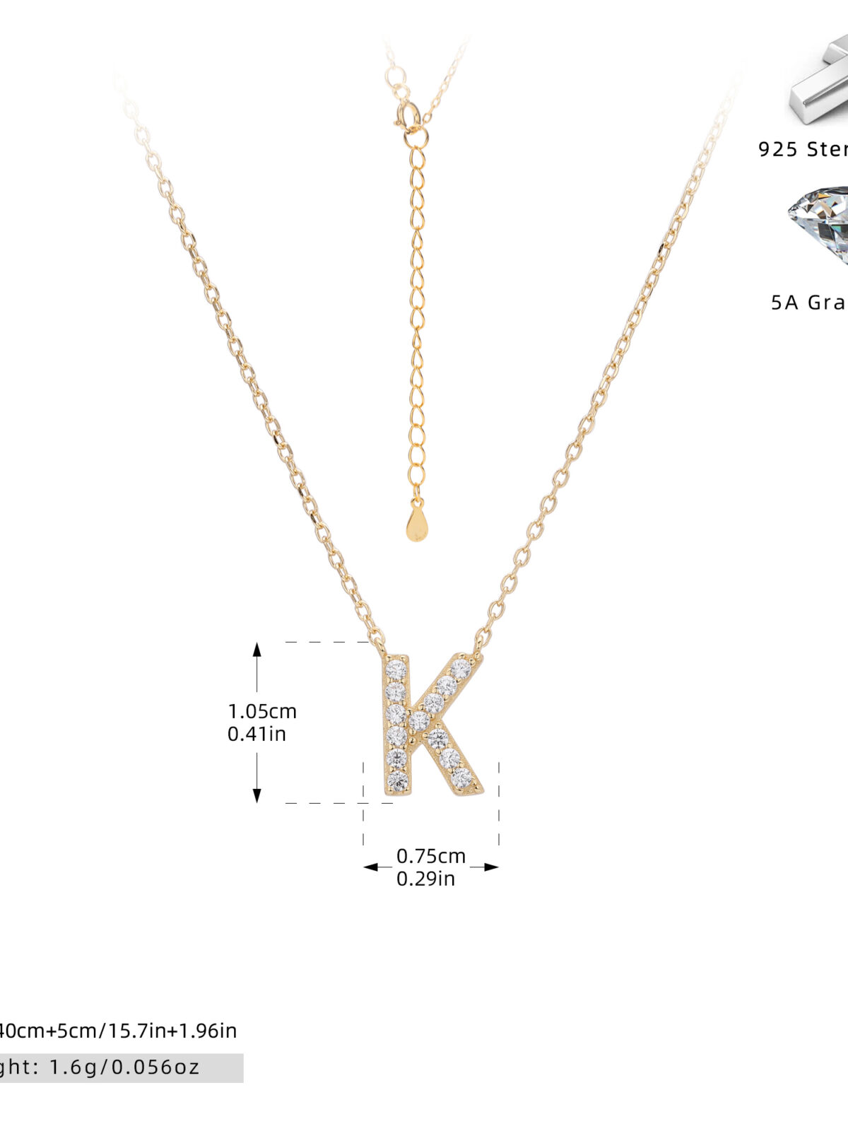 Cadena inicial K chapado en oro de 18K-Plata 925-C90 Cadena con dije de inicial K chapado en oro de 18K