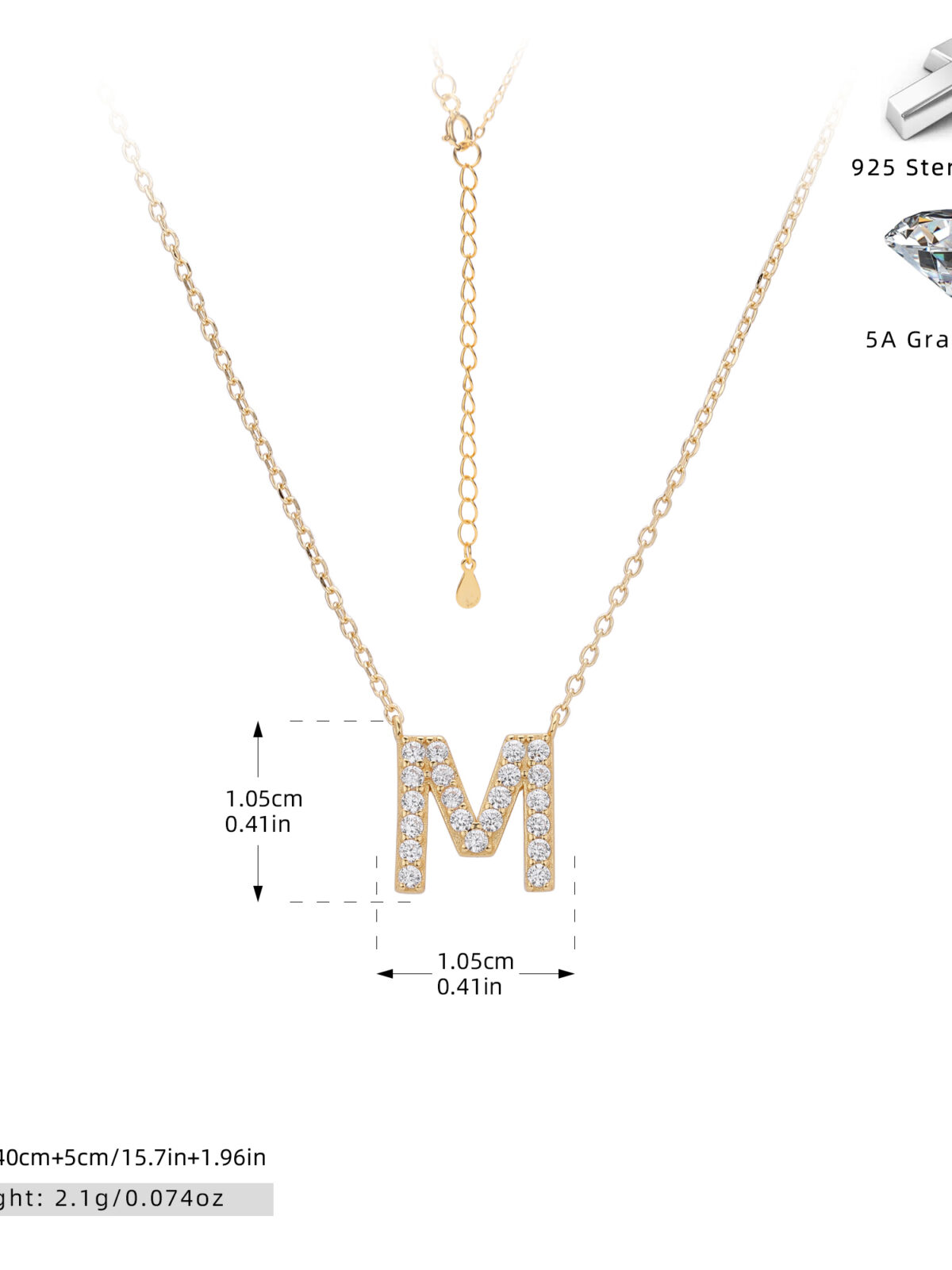 Cadena inicial M chapado en oro de 18K-Plata 925-C75 Cadena con dije de inicial M chapado en oro de 18K
