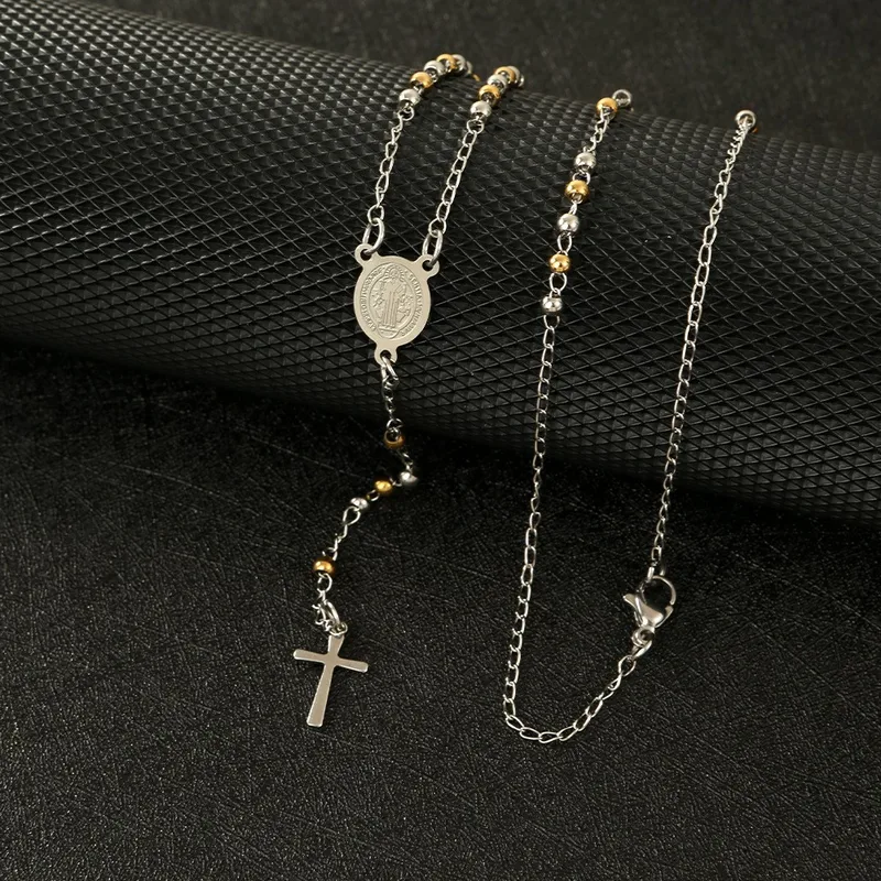 Collar de rosario color dorado con plateado-Acero inoxidable 316L-C0 (2) Collar de rosario color dorado con plateado