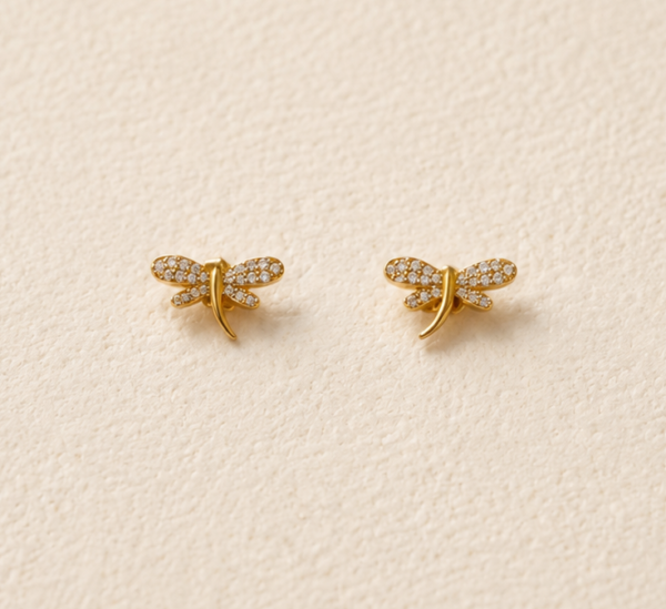Aretes de libélula con circonitas y baño de oro de 18K