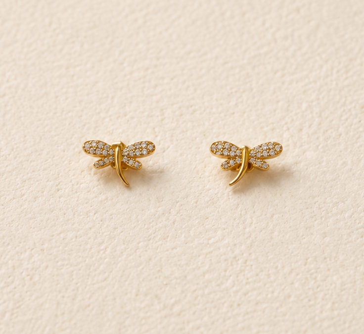 Aretes de libélula con circonitas y baño de oro de 18K