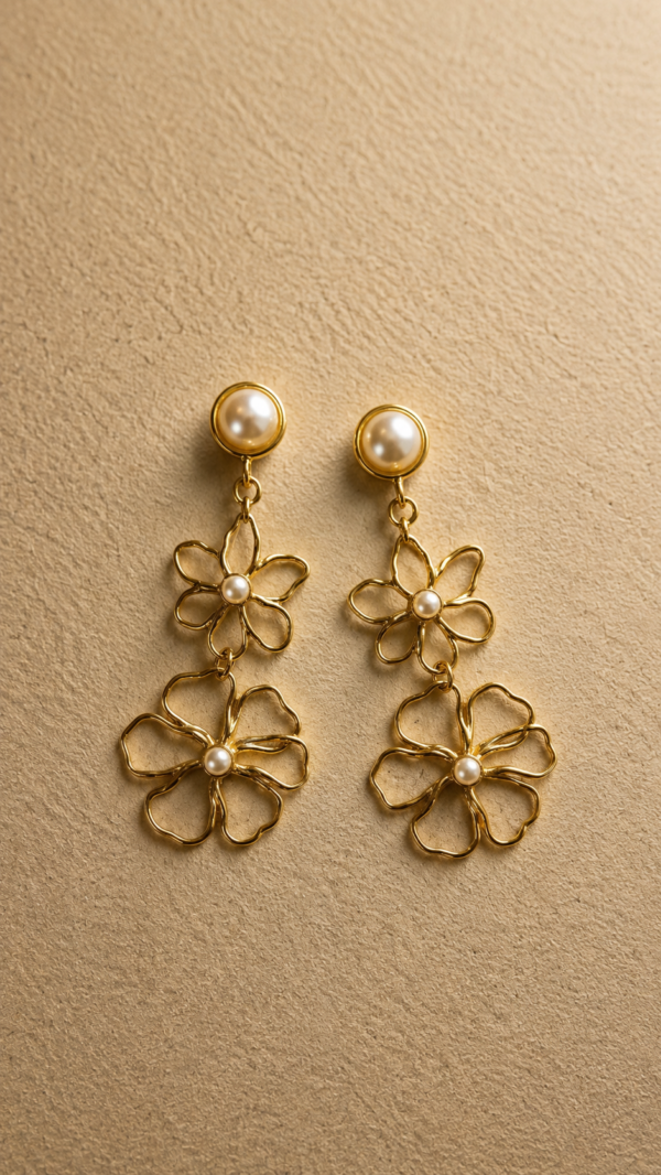 Aretes de flor y base de perla color oro