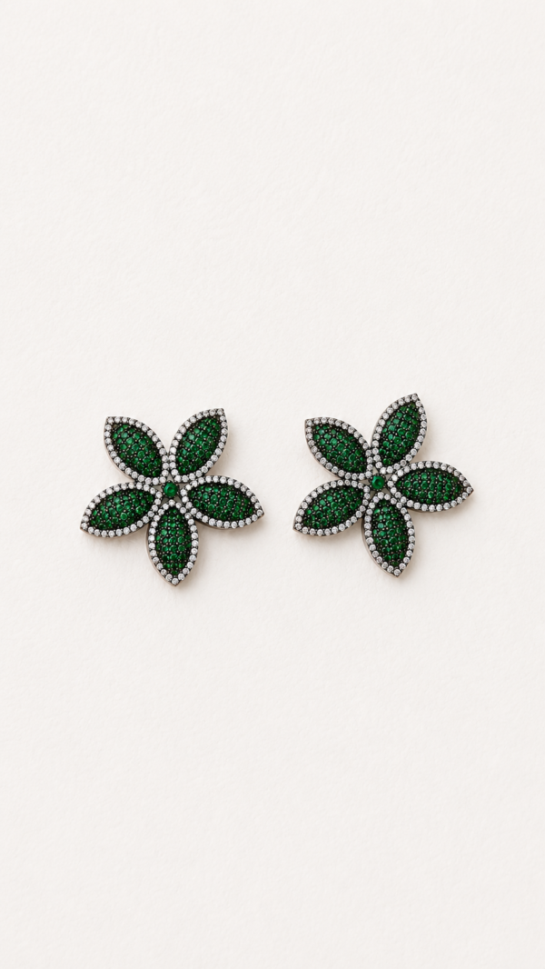 Aretes de flor con circonitas verdes y negras