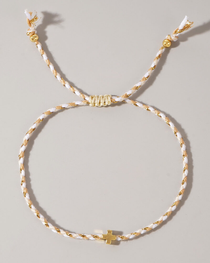 Pulsera de hilo blanco con dorado y dije de cruz-C0 (1) Pulsera de hilo blanco con dorado y dije de cruz