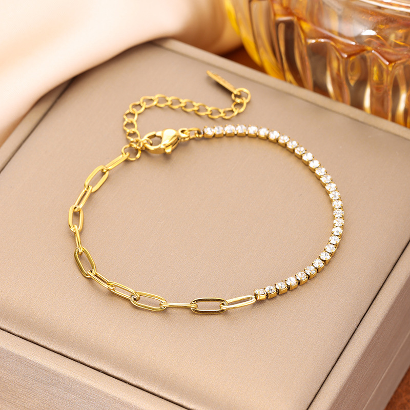 Pulsera tennis con circonitas blancas y baño de oro de 18K-Acero inoxidable 316L-C0 Pulsera tennis con circonitas blancas y baño de oro de 18K