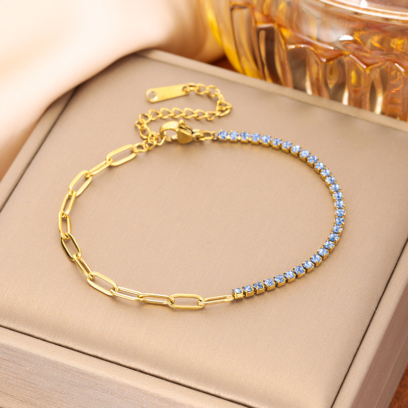 Pulsera tennis con circonitas celestes y baño de oro de 18K-Acero inoxidable 316L-C0 Pulsera tennis con circonitas celestes y baño de oro de 18K
