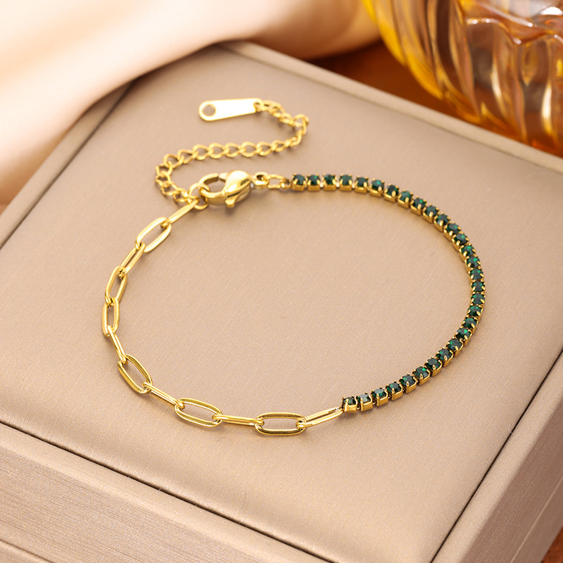 Pulsera tennis con circonitas verde oscuro y baño de oro de 18K